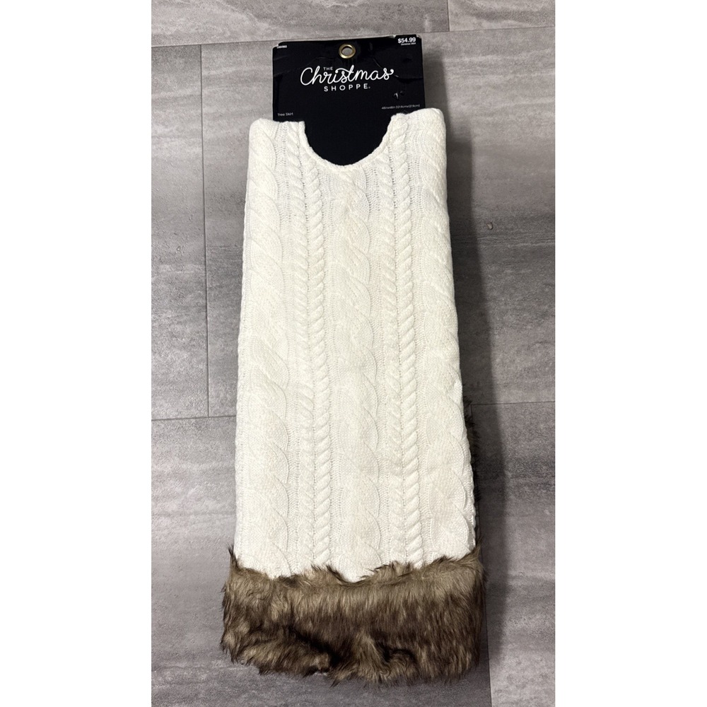The Christmas Shoppe Tree Skirt Round 48" White Classic Cable Knit Design Fur